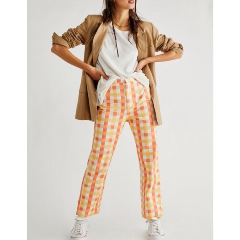 NWT FREE People Women’s She's All That Plaid High Waist Pants in Multi Orange